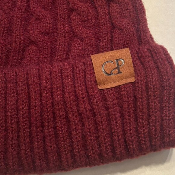 NWT CPB Women's warm cable knit fleece lined Beanie with double Pom-Poms,Burgund - Picture 6 of 6